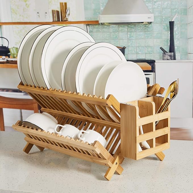 NOVAYEAH Bamboo Dish Drying Rack-2 Tier, Collapsible Small Dish Rack with Utensil Holder, Wooden Drying Rack for Kitchen Counter, Apartment Essentials Kitchen Plate Holder Organization 34 pcs Grid