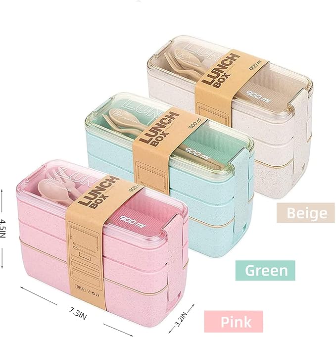 Rarapop 3 Pack Stackable Bento Box Adult Japanese Lunch Box Kit with Spoon & Fork, 3-In-1 Compartment Wheat Straw Meal Prep Containers (Green/Pink/Beige)