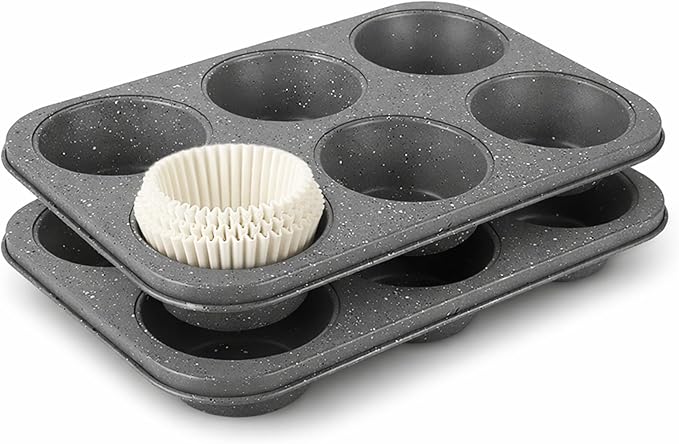 2 Pack Jumbo Muffin Pan, 6 Cup Large Cupcake Pan with Speckled Granite Coating and Paper Liners, Professional Nonstick Carbon Steel Muffin Tin for Baking Muffins Frittatas Cupcakes, Grey