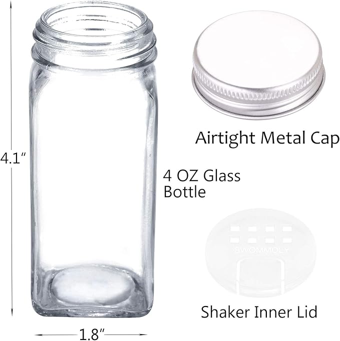 SWOMMOLY 66 Glass Spice Jars with 703 Spice Labels, Chalk Marker and Funnel Complete Set. 66 Square Glass Jars 4oz, Airtight Cap, Pour/sift Shaker Lid