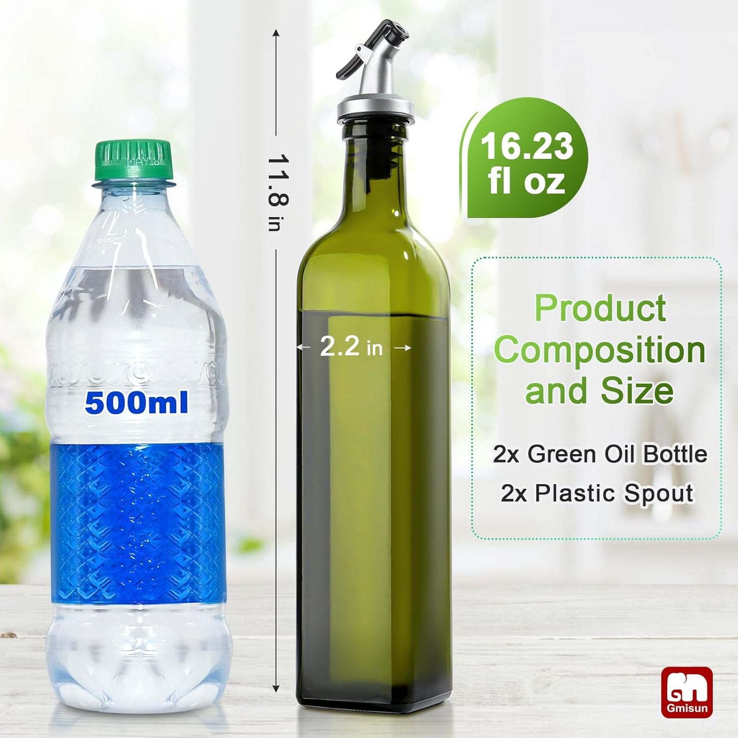 GMISUN Olive Oil Dispenser Bottle 2 Pack, Olive Oil Dispenser for Kitchen 17oz, Glass Cooking Soy Sauce Bottle Container Cruet with Plastic Pourer Spout, Green