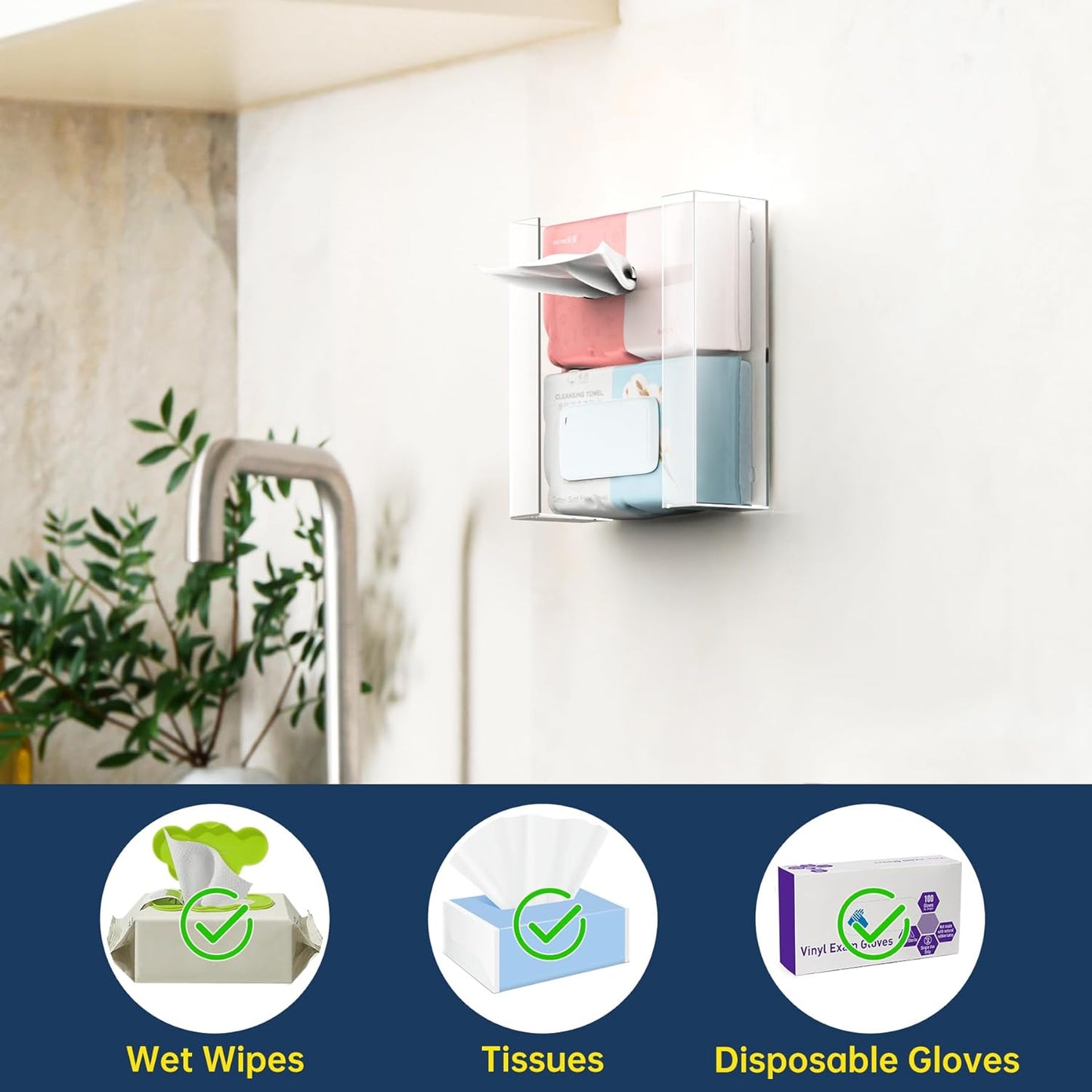 NiHome Multi-Tier Clear Acrylic Wall Mount Glove Box Holder Tissue Box Dispenser for Kitchen, Bathroom, Garage, Lab, Salon, Space-Saving Adjustable Organizer for Gloves, Tissues, Baby Wipes (2-Tier)