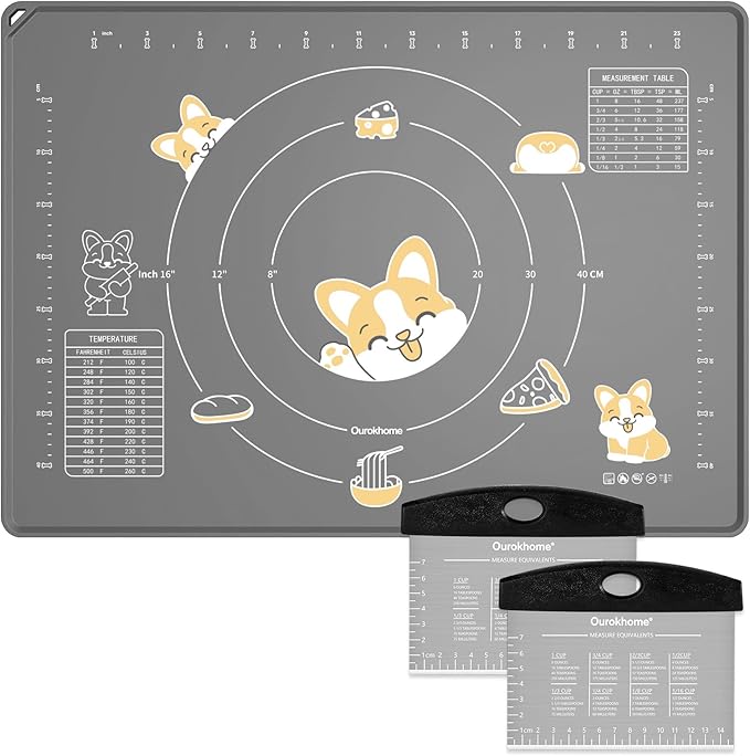 Silicone Baking Mat and Pastry Scraper, Ourokhome Dough Kneading Mat with Measurement and Conversion Chart, Ourokhome Stainless Steel Pizza Cutter for Kitchen Baking