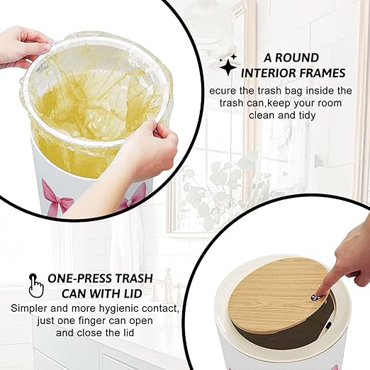Trash Can with Lid Pink bow coquette y2k aesthetic ribbon elegant accessory pastel tie Press Top Round Small Garbage Bin with Wooden Legs Waste Basket for Kitchen Bedroom Nursery 7L/1.8 Gallon