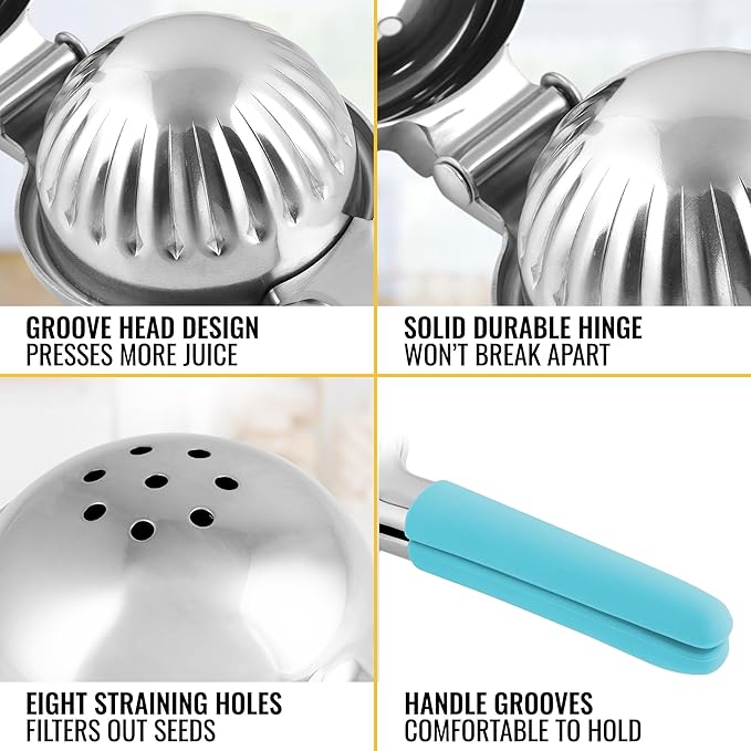 Zulay Kitchen Lemon Squeezer Stainless Steel with Premium Heavy Duty Solid Metal Squeezer Bowl and Food Grade Silicone Handles - Large Manual Citrus Press Juicer and Lime Squeezer (Blue)
