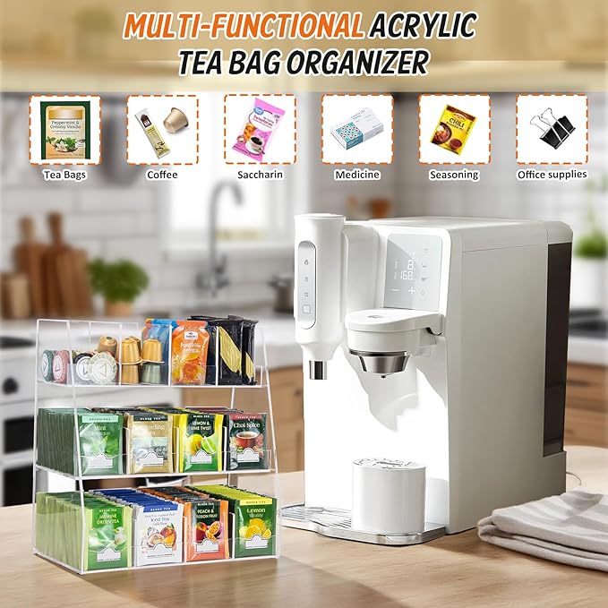 Acrylic Tea Bag Organizer - 3 Tier Clear Tea Bag Holder & Storage Rack, Modern Tea Organizer for Countertop, Cabinet, No Assembly Required Tea Bar Accessories (Holds 200+ Tea Packets)