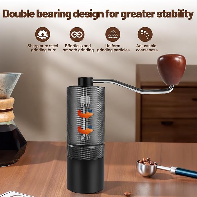 Manual Coffee Grinder Gift Box Detachable Stainless Steel Conical Burr Aluminum Coffee Bean Grinder with 25 Grinding Settings Cleaning Brush Grindable Espresso Moka Pot for Camping Black