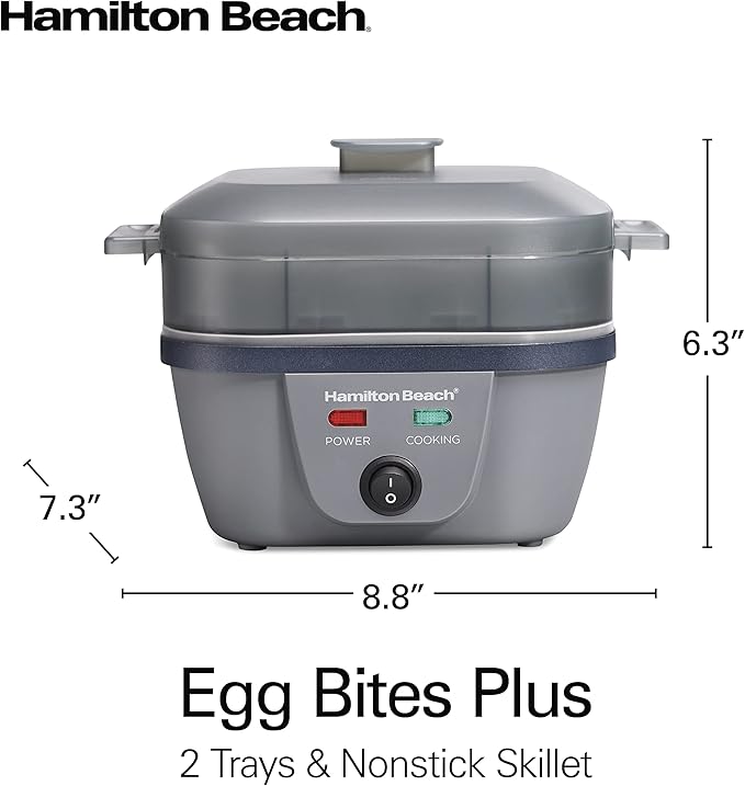 Hamilton Beach 6-in-1 Electric Egg Cooker for Hard Boiled Eggs, Sous Vide Style Egg Bite Maker and Poacher, 5.25” Non-Stick Skillet for Omelets, Scrambling & Frying, Grey (25510)