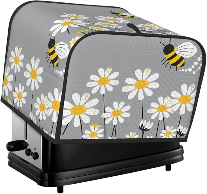 Toaster Cover 4 Slice Cute Bee Daisy Floral Waterproof Appliance Cover with Hang Loop Bread Baker Toaster Cover for Kitchen