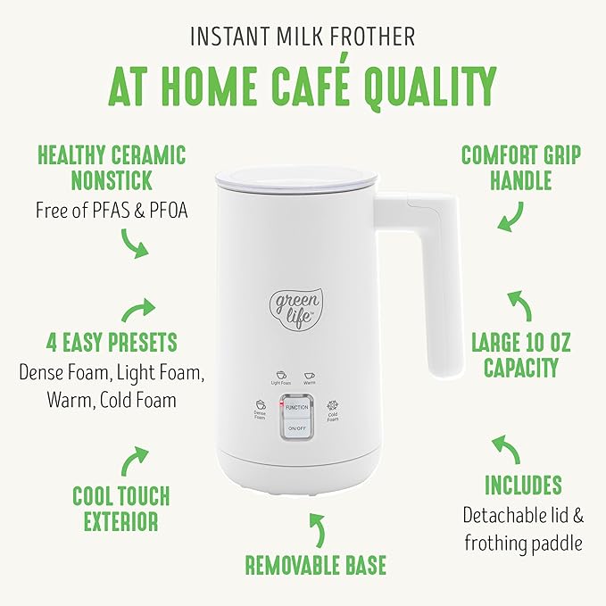 GreenLife Ceramic Electric Milk Frother, 10oz, 4-in-1, Auto Hot and Cold Foam, Dense and Light Foam, PFAS Free, Cordless Milk Warmer and Steamer for Latte, Coffee, White