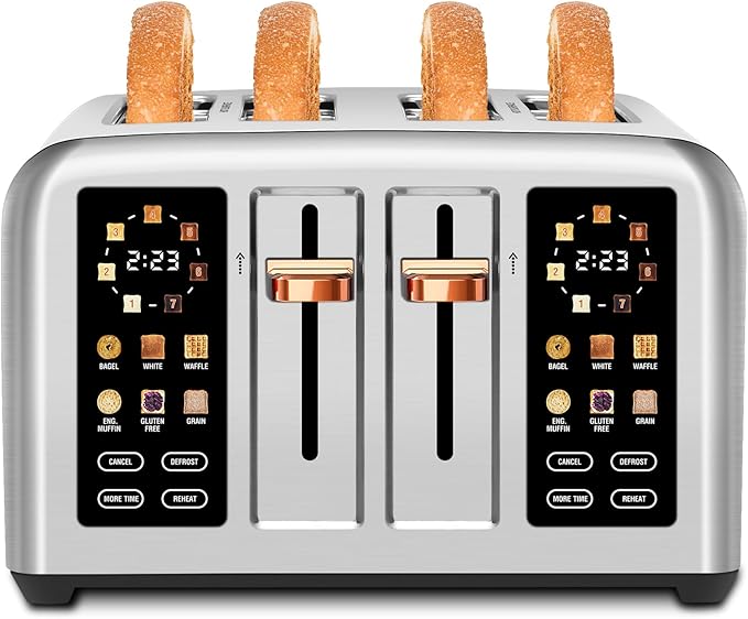 SEEDEEM Toaster 4 Slice, Stainless Steel, Touch Screen for Dual Control, Digital Timer, Smart Toaster with 6 Bread Type, 7 Shade Setting, 1.5''Wide Slot, Removable Crumb Tray, 1800W, Silver Metallic