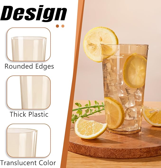 Liacere Plastic Drinking Glasses (Set of 12) 18oz Highball Brown Reusable Plastic Glasses Colors，Kitchen Water Glasses Cup, Bar Tumbler Glassware Set for Beer, Juice, Cocktail, Whiskey, Milk