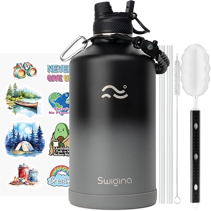 Swigina [2-IN-1 LID] Gallon Insulated Water Bottle with Silicone Boot (48hrs Cold/24hrs Hot) - DIY Stickers, Leakproof, BPA Free, 128 oz