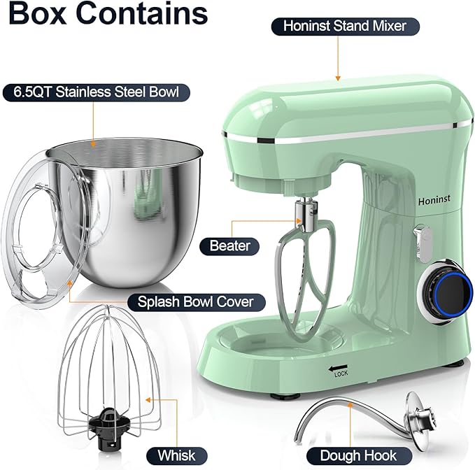 Honinst Stand Mixer, 6.5QT 10-Speed Tilt-Head Electric Stand Mixer, 3-In-1 Kitchen Mixer with Bowl, Dough Hook, Whisk and Beater, Food Mixer for Baking, Cake and Most Home Cooks, Light Green