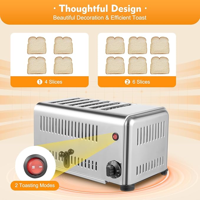 Commercial 6 Slice Toaster, 1680W 110V Commercial Bread Baking Machine with 2 Modes & Timer Function, Stainless Steel Electric Toast Sandwiches Making Tool for Home Kitchen Restaurant Bakery