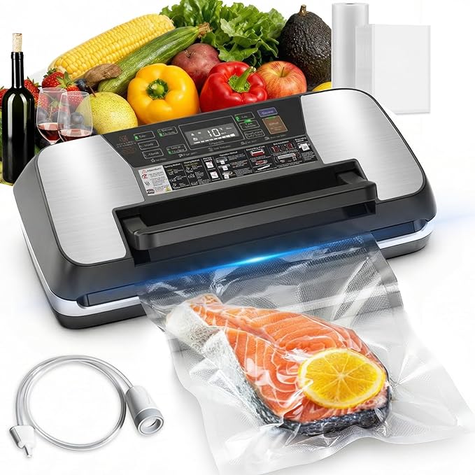 95kPa Food Vacuum Sealer Machine, Powerful 230W Vacuum Pack System with Double Heat Seal for Moist & Dry Food, 12-in-1 Automatic Sealer Includes Built-in Cutter, Hose for Jars & Wine, 1 Roll + 10 Bags