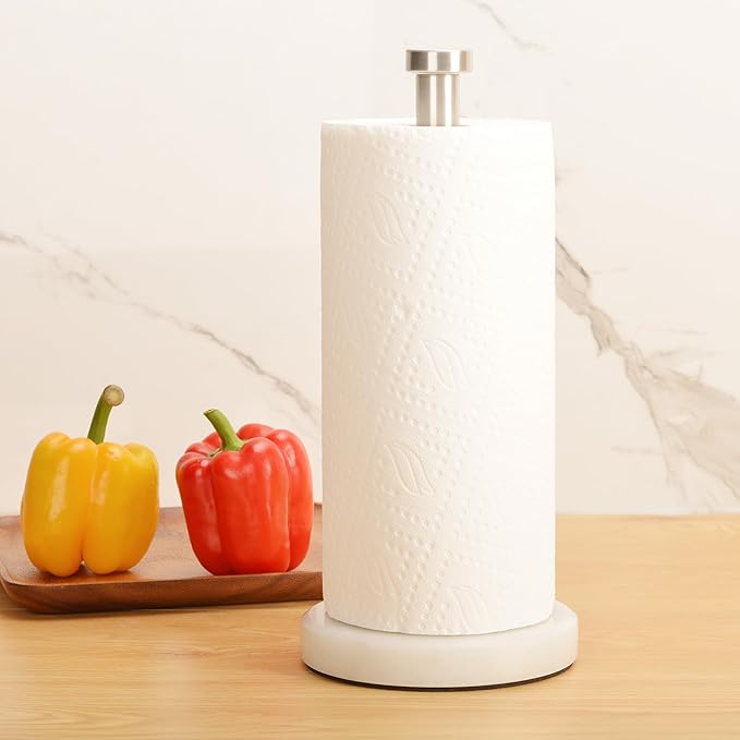 Paper Towel Holder Countertop, Heavy Weighted Marble Base Paper Towels Holder for Kitchen Counter, Modern Standing Papertowel Roll Holders(Brushed Nickel Stainless Steel Bar, White Natural Marble)