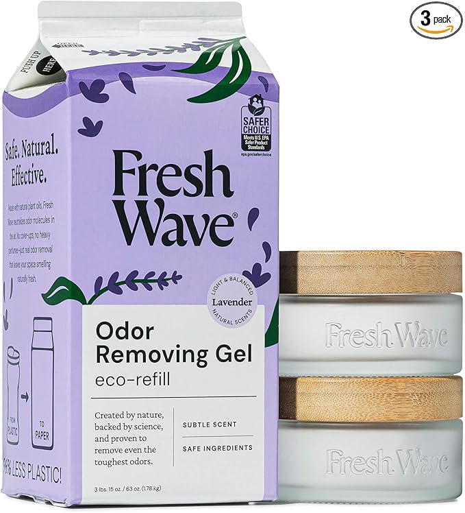 Fresh Wave Odor Removing Gel Eco-Refill, 63 oz. Lavender Scent | 2 Empty Refillable Glass Jars | 2 Room Set