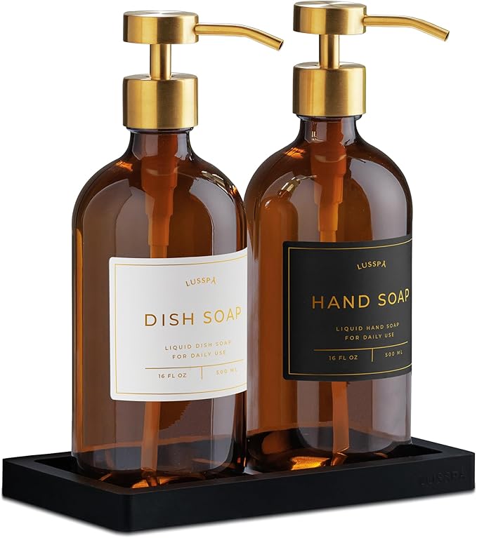 Glass Soap Dispenser Set of 2 (Amber) with Silicone Tray | Hand and Dish Soap Dispenser for Kitchen and Bathroom | 16.8 Oz Glass Bottles with Stainless Steel Pump & 15 Waterproof Labels (Amber/Gold)