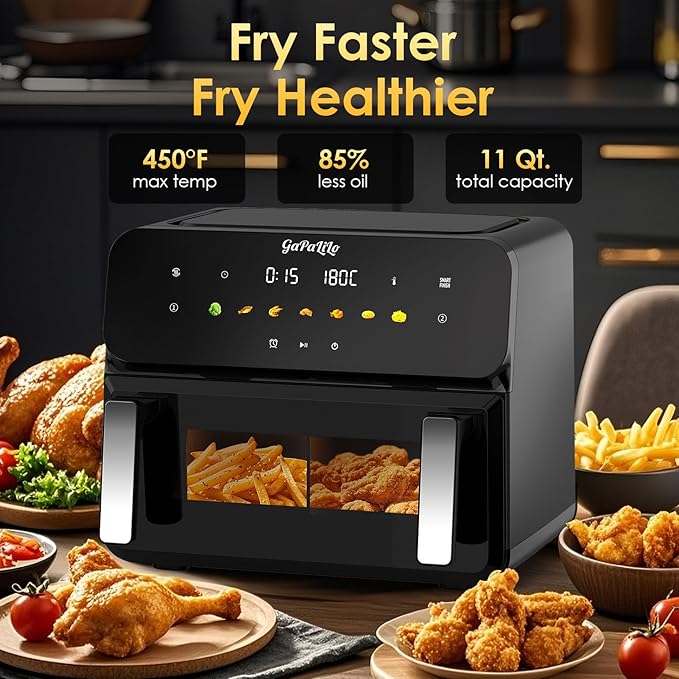 11QT Dual Air Fryer, Double Basket Air Fryer with 2×5.5QT Baskets, Digital Touchscreen Control, Easy-View Window, SyncCook Function, Cook 2 Dishes at Once for Family of 4-6, 1700W,Dark Black