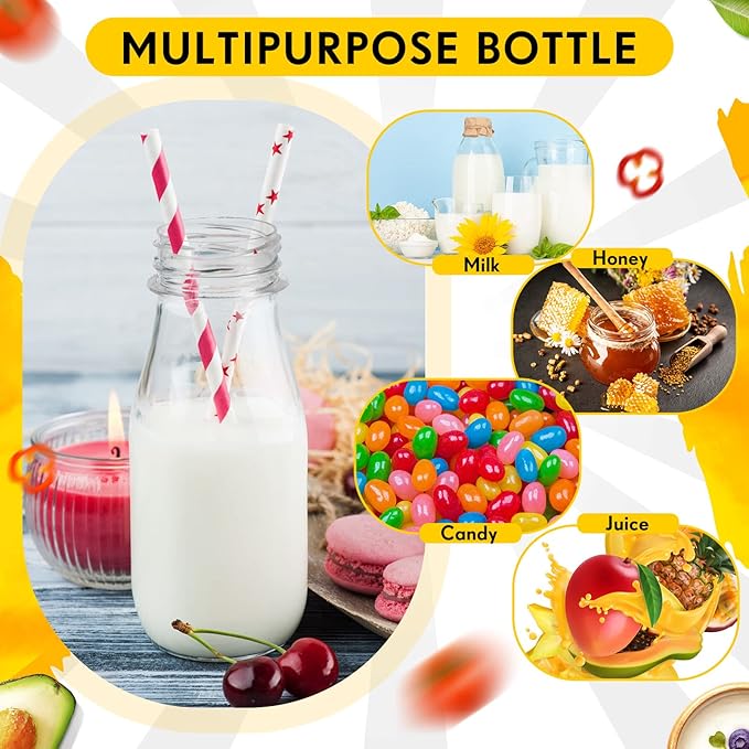 Irenare 40 Sets Plastic Small Milk Bottles with Straws and Metal Lids Clear Plastic Bottle for Dairy Milk Party Bottle for Milk Juices Shakes Smoothies, 40 Bottles and 40 Straws (Silver,8 oz)