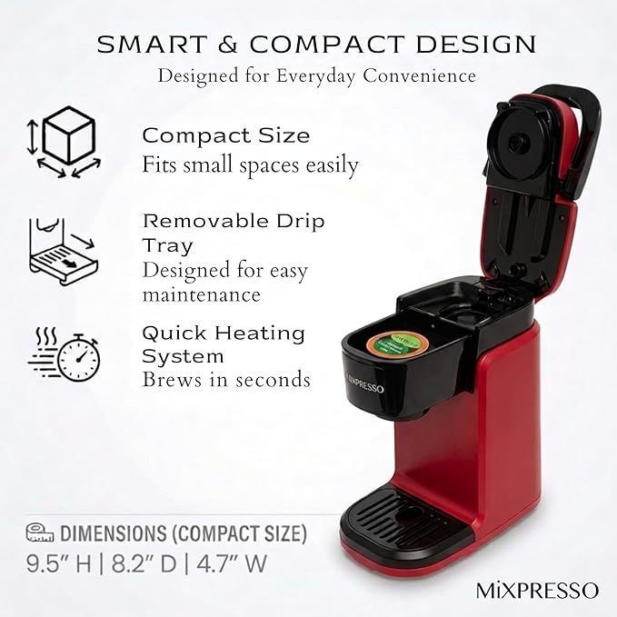Mixpresso Red Single Serve Coffee Maker for K Capsule, Compact Mini Coffee Maker 800 Watt Coffee Machine for Pods or Ground, Fast Brew, Auto Shut Off, 12 Oz Brew Size for Travel, Office, RV and Dorm