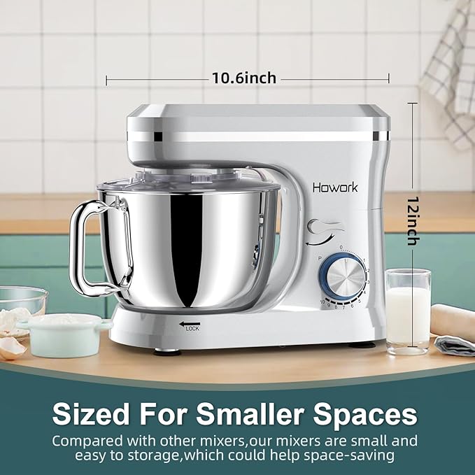 HOWORK Electric Stand Mixer,10+p Speeds With 6.5QT Stainless Steel Bowl,Dough Hook, Wire Whip & Beater,for Most Home Cooks (Silver)