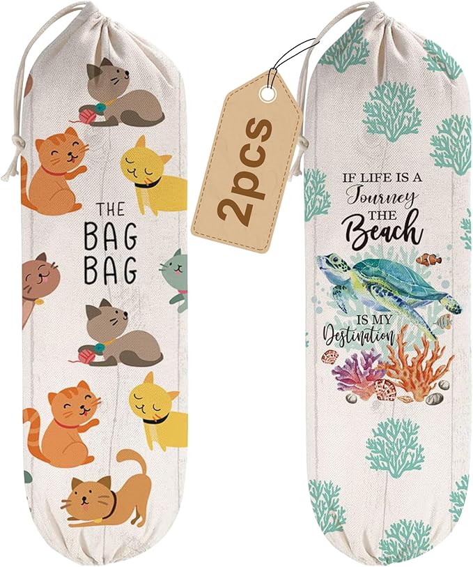 2Pcs Cat Plastic Bag Holder for Kitchen Essentials, Reusable Hanging Grocery Bag Organizer, Washable Large Grocery Trash Bags Storage Dispenser