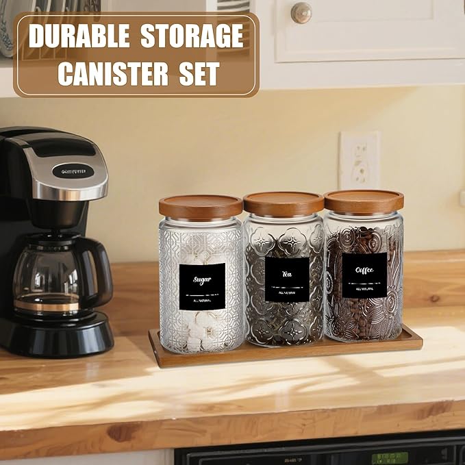 3 Pack 34 oz Glass Coffee Container with Wooden Tray Lid Spoon Labels Clear Airtight Glass Jar Food Storage Kitchen Canisters Set Decorative Coffee Bar Containers for Sugar Candy Tea Flour