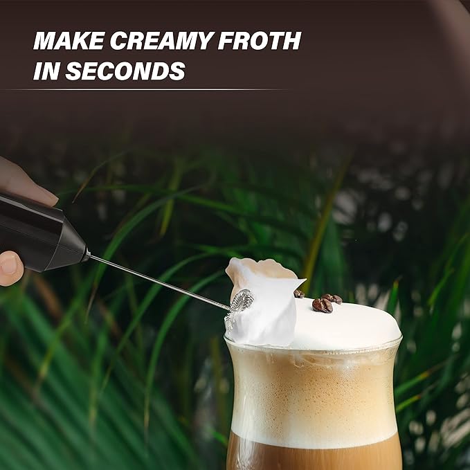 Simple Deluxe Milk Frother Handheld with Stainless Steel Stand Battery Operated Whisk Drink Mixer for Coffee, Frappe, Latte, Matcha, Black Handheld