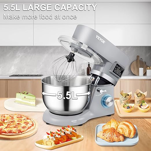 VEVOR Stand Mixer, 660W Electric Dough Mixer with 6 Speeds LCD Screen Timing, Tilt-Head Food Mixer with 5.8 Qt Stainless Steel Bowl, Dough Hook, Flat Beater, Whisk, Scraper, Splash-Proof Cover - Gray