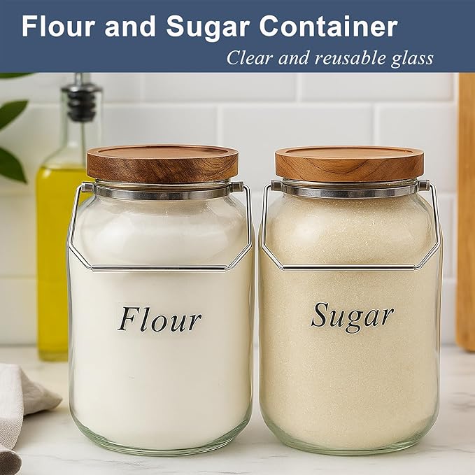 2 Pack Glass Flour Sugar Storage Containers with Handle, 1 Gallon Glass Jars with Airtight Lid, Wide Mouth Large Mason Jars 128oz for Rice, Pasta, Oats, Coffee Storage
