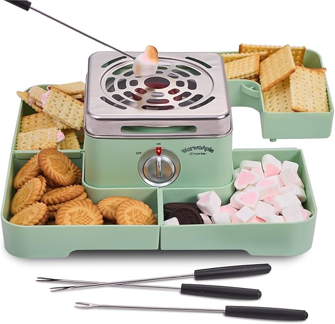 Electric Smores Maker - Indoor Smores Kit with 4 Detachable Trays, 4 Stainless Steel Forks - Flameless Smores Maker Tabletop Indoor Kit (Green)