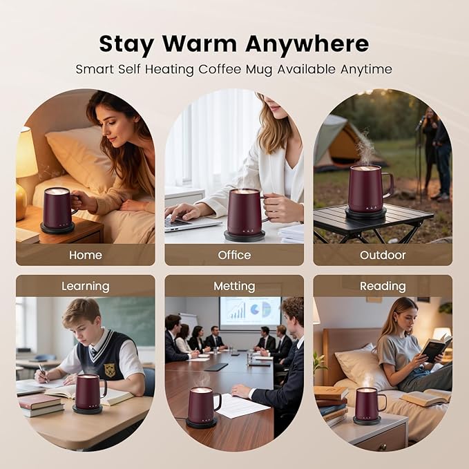 Smart Self Heating Coffee Mug,14oz Temperature Control Coffee Mug,Hot up to 150°F,Rechargeable Heated Coffee Mug,Up to 6H Battery Life,Coffee Cup Warmer,Great Gift for Coffee Lovers,Dad,Mom (Claret)