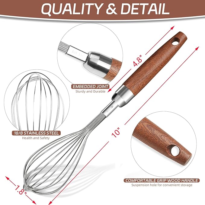 Stainless Steel Wire Whisk, Wooden Handle Kitchen Multi Function Non Stick Balloon Whisk Egg Beater for Blending Whisking, Beating, Frothing & Stirring Batters (10"L x 1.8"W)