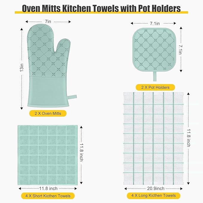 Oven Mitts Kitchen Towels Dishcloths with Pot Holders Sets 12PCS,Dish Towels Sets,Oven Gloves Pot Pads Heat Resistant 500 Degrees with Non-Slip Silicone Surface for Cooking Baking Grilling-Mint Green