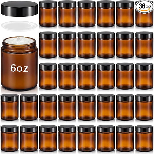 Domensi 36 Pcs Bulk 6oz Glass Jars with Lids Leakproof Round Airtight Empty Cosmetic Jars with Inner Liners Lid for Storing Lotions Spices Ointments Food Storage (Amber)