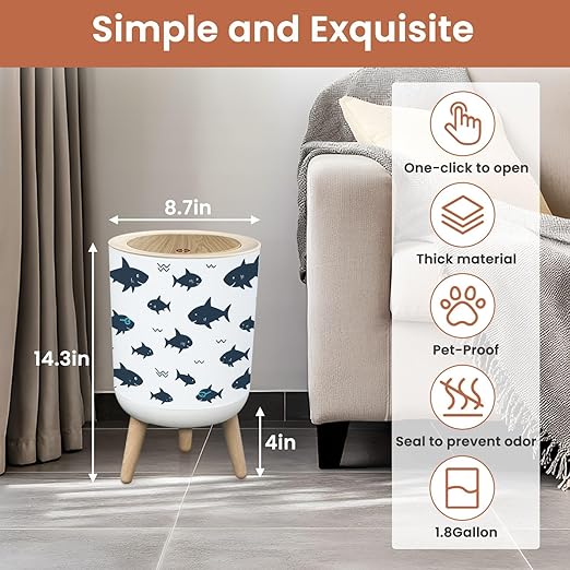 Small Trash Can with Lid Cute Shark Kids 1.8 Gallon Dog Proof Trash Can Round Garbage Can Waste Bin Wastebasket for Bathroom Bedroom Kitchen