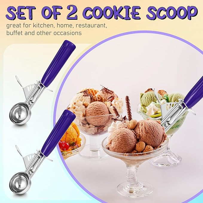 Reallnaive 2 Pcs Release Cookie Scoops Ice Cream Scooper with Trigger Release Portion Scoop Stainless Steel for Portion Control, Baking Food, Cookie Dough (0.75 oz,Purple)