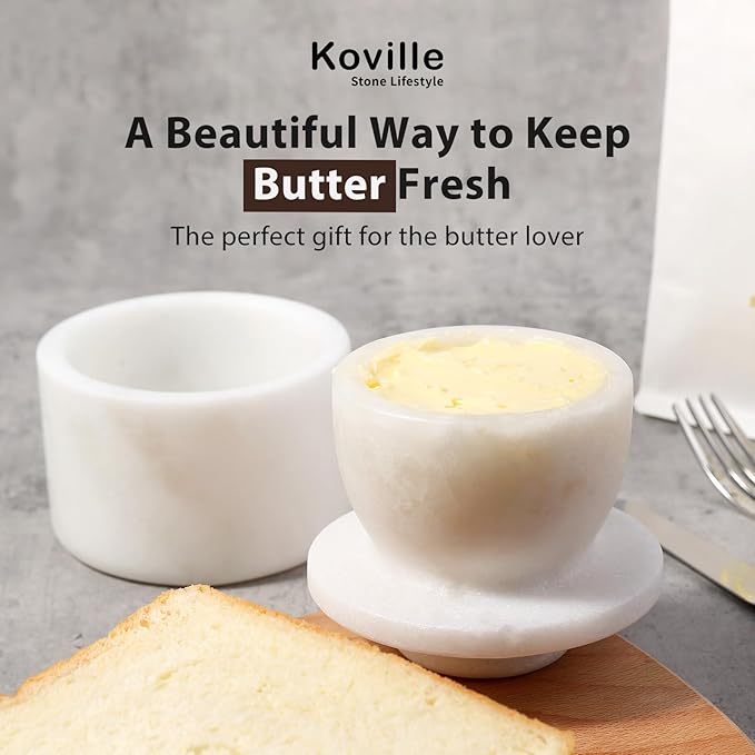 Koville White Marble Butter Keeper Handmade French Butter Holder For Kitchen Counter Decor, Stone Butter Dish Butter Container & Crock for Kitchen, Handmade Butter Crock For Spreadable Butter Ideal