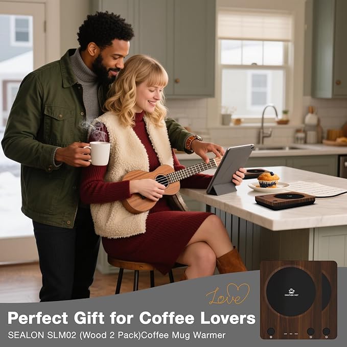 SEALON SLM02 Electric Coffee Mug Warmer (Wood, 2-Pack) - 3-Temperature Desk Cup Warmer with Auto Shut-Off (4 Hours) for Heating Coffee, Tea, Milk & Beverages