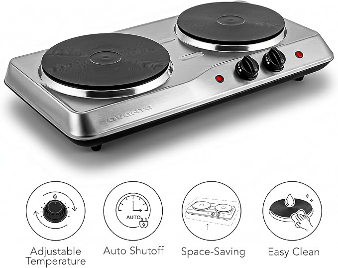 OVENTE Electric Countertop Double Burner, 1700W Cooktop with 7.25" and 6.10" Cast Iron Hot Plates, Temperature Control, Portable Cooking Stove and Easy to Clean Stainless Steel Base, Silver BGS102S