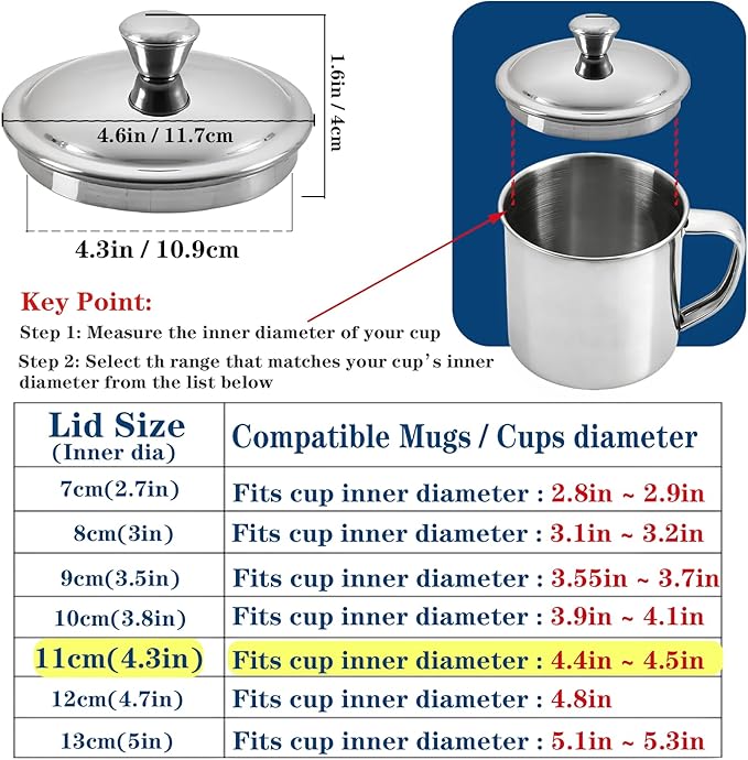 4.3Inch Stainless Steel Universal Lid, Cup Covers, Pot Cover for Small Pots, Sauce Pans, Skillets, Small Saucepans, 11CM
