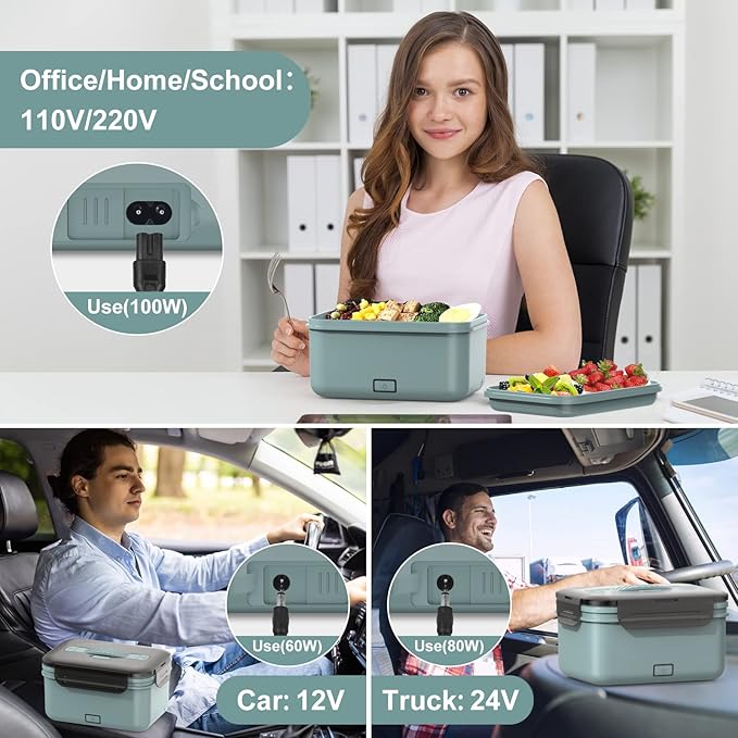 Herrfilk Electric Lunch Box Food Heater 100W, 4 in 1 Ultra Quick Heated Lunch Boxes for Adults 12V/24V/110V/220V Portable Food Warmer for Car/Truck/Office With Fork Spoon and Insulated Carry Bag