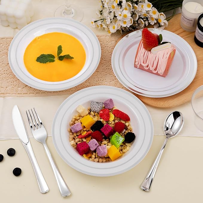 100 Pack Disposable Soup Bowls with Silver Rim, 12oz Premium Heavy Duty Plastic Dinner Bowls for Party, Wedding and Holiday