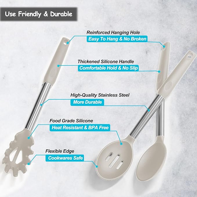 Silicone Spatula and Cooking Spoon,5 Pack Non-Stick Cooking Utensils for Kitchen，Heat Resistant Solid & Slotted Spoons and Spatulas, Stainless Steel Handle Coated with Silicone, Khaki