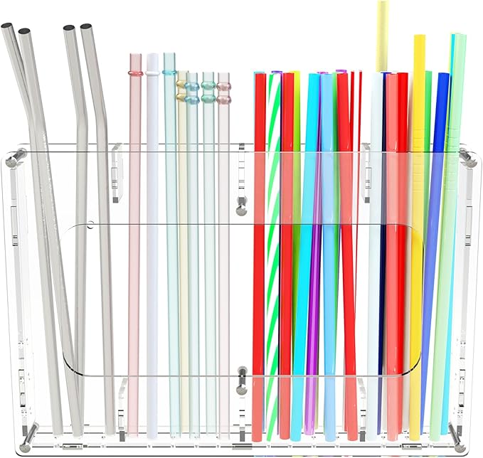 Acrylic Straw Holder for Cabinet Door & Wall – Kitchen Organizer Dispenser for Reusable Straws, Cupboard Storage Container for Drinking Straws & Small Accessories
