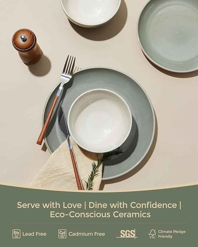 Stoneware Dinnerware Sets, Ceramic Plates and Bowls Set, Microwave & Dishwasher Safe Kitchen Dish Set, Modern Dinner Salad Plates | Cereal Bowls for 4, Dishware Sets Gray Green