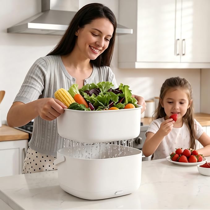 Ultrasonic Produce and Berry Washer, Gentle Fruit Vegetable Cleaner for Fragile Berries and Salads, 2-Tier Drain Basket, Battery Operated Countertop Device