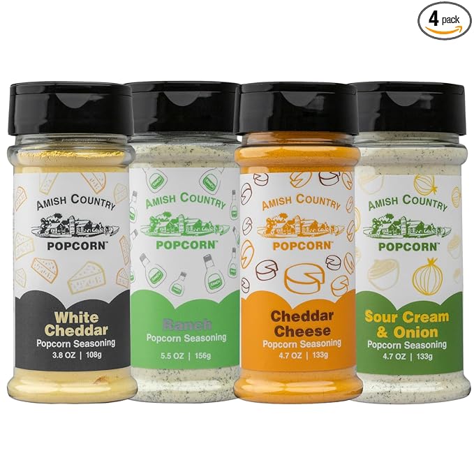 Amish Country Popcorn | Seasoning Variety Pack | 4 Bottles | White Cheddar - Cheddar Cheese - Sour Cream & Onion -Ranch | Nut Free | Old Fashioned, Non-GMO